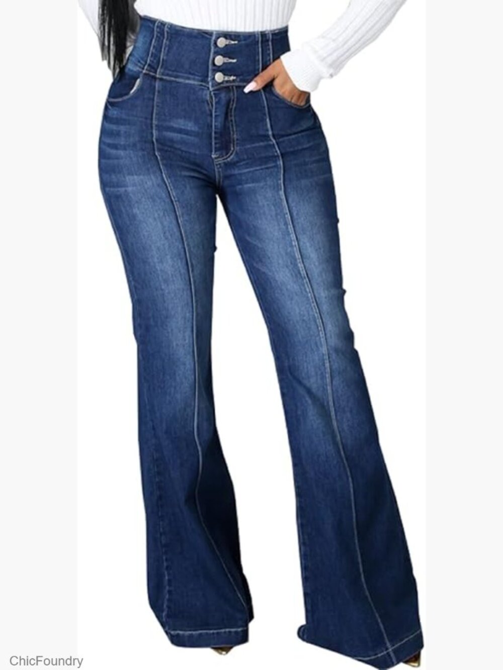 Bell Bottom Jeans Women Ripped Skinny Raw Hem Denim Pants High Rise